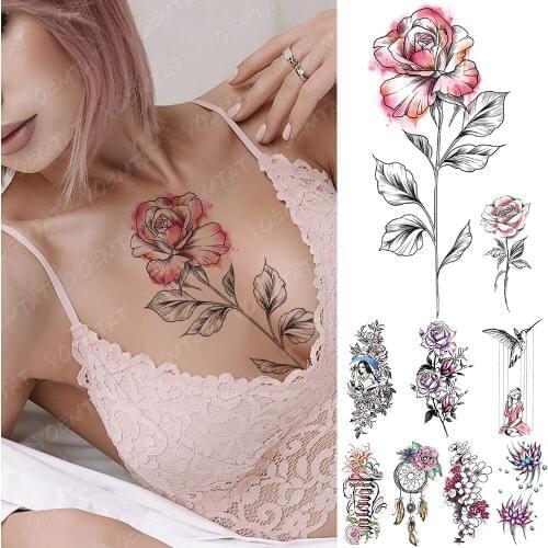 Waterproof Temporary Tattoo Sticker Line Rose Flowers Flash Tattoos Dreamcatcher Bird Lotus Body Art Arm Fake Sleeve Tatoo Women