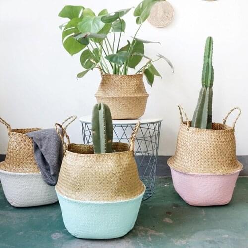 WCIC Natural Seagrass Laundry Basket Green Fashionable Storage Basket for Toys Hand-Woven Wicker Basket Folding Storage Baskets