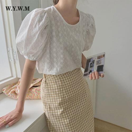 WYWM Puff Sleeve Blouses Women Hollow Out Solid Color O-neck Shirt Elegant Vintage Chic Ladies Pullover Short Sleeve Female Top