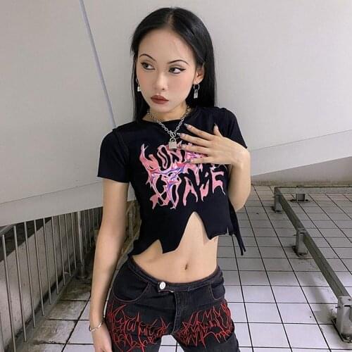 Gothic Y2K Gilr T-shirts Women Short Sleeve Harajuku Grunge Irregular Streetwear Slim Crop Tops Summer Girls T-shirt AFC979
