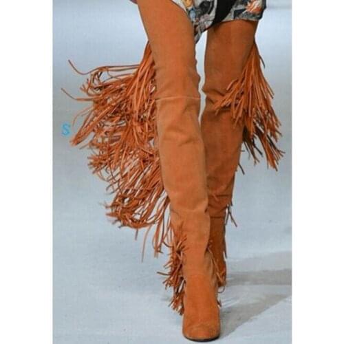 Shoes Woman Heels Over The Knee Fringed Orange Long Boots Stretched Slip On Chunky Heels Thigh High Boots Tassels Winter Shoe