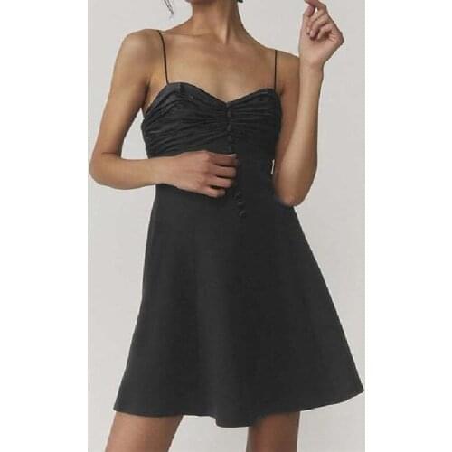 Female Solid Color A-Line Sling Mini Dress Sleeveless Low-Cut Ruched Chest Buttons Balls Decor Wild Elegant Gentle Summer Dress