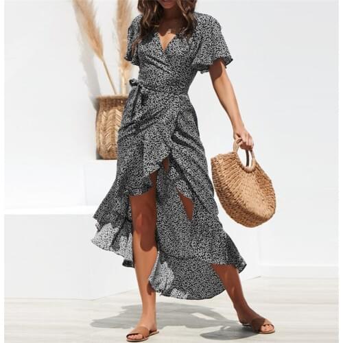 Hirigin Womens Boho V Neck Dress Short Sleeve Polka Dot Dress Ladies Ruffles Split Dress Casual Holiday Maxi Sundress Summer