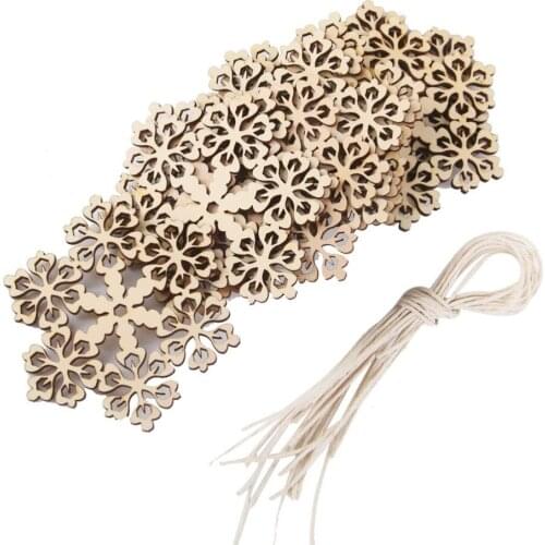 10pcs Round Hexagonal Wooden Snowflake Hanging Ornament Decoration Pendants String Wedding Decoration Christmas (Wood Color)