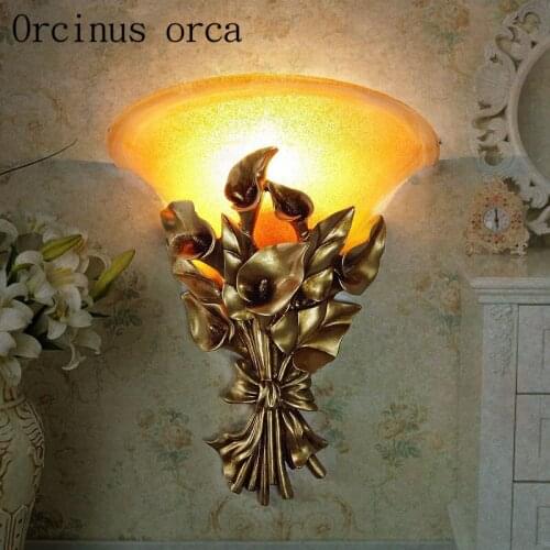 American garden golden calla wall lamp living room bedroom corridor resin engraving LED wall lamp free shipping