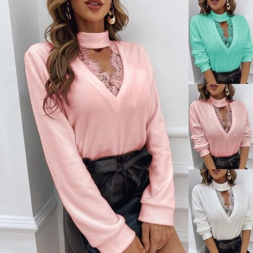Womens Blouse Elegant Long Sleeve Solid Ol Shirt Ladies V Neck Halterneck Lace Patchwork Chemise Femme Blusa Feminina Streetwear