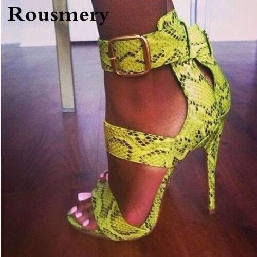 Big Buckle Python Print Sexy Women Sandals High Heels Stiletto Open Toe Women Pumps Summer Ladies Party Shoes Woman Big Size 42