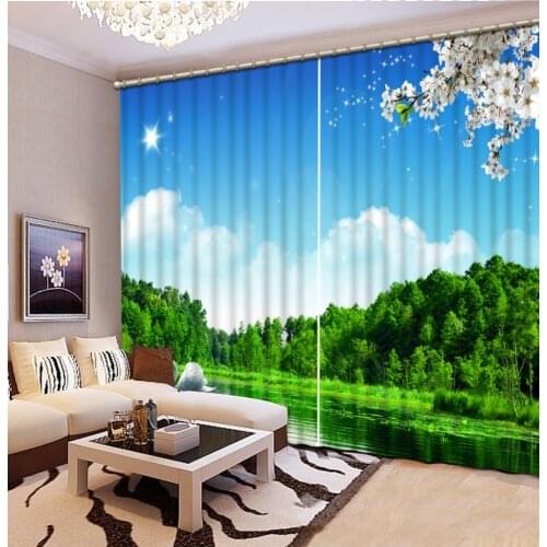 Home Decor Living Room Natural Art Modern Blue sky, White Clouds, Green Landscape 3D Window Curtains For Bedding Room 3D Curtain