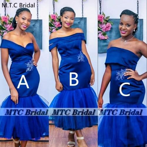 Short Royal Blue Bridesmaid Dresses 2021 Wholesale Short Mermaid Off The Shoulder Black Girls Wedding Party Gowns For Maids