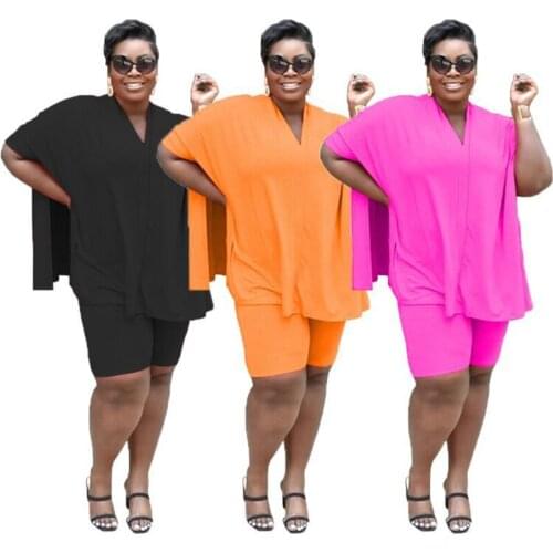 Summer Two Piece Set Women V Neck Short Batwing Sleeve Loose Crop Top and Shorts Set Plus Size Outfits Wholesale Dropshipping