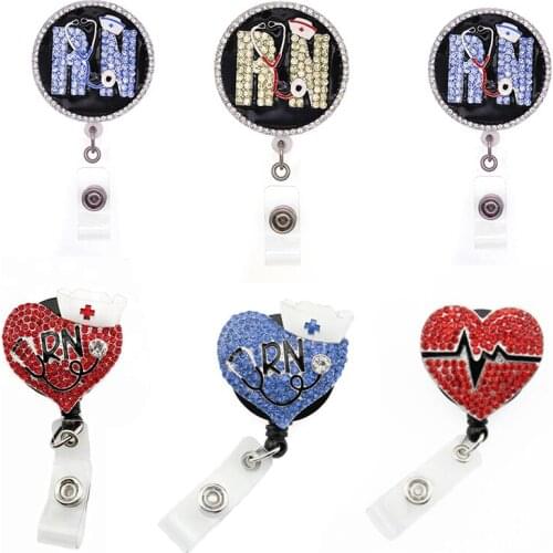 Nurse Red EKG Heart Red enamel round circle shape RN blue yellow red Rhinestone Crystal name Retractable Badge Reel badge reel