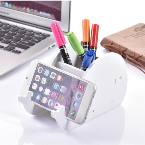 Cute Wood Pencil Pen Holder, Multifunction Removable Mobile Phone Bracket, Storage Pot Holder Box Desk Organizer for Smart Phone