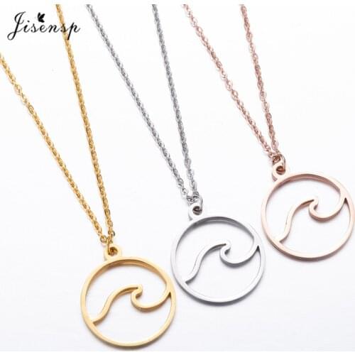 Jisensp Stainless Steel Wave Necklace Pendants Long Chain Beach Nautical Surfing Necklace Jewelry Tropical Wedding Jewelry Gift