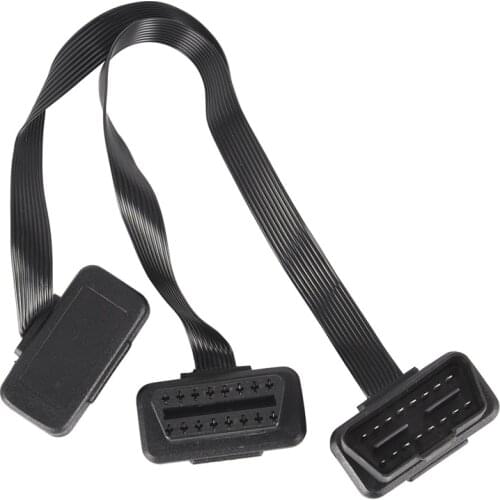 Flat 16Pin ELM327 OBD2 Male To Dual Female Y Splitter Elbow Extension Cable Lead 30CM