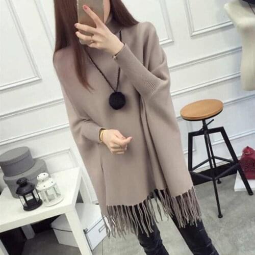 High Collar Pullover Women Clothing Autumn Winter Korean Version Medium Long Tassel Coat Loose Knitted Cloak Bat Sleeve Fashion