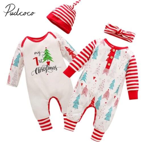 Christmas Inafnt Newborn Baby Girls Boys Christmas Romper Long-Sleeved Jumpsuit Fall Tree Stripes Loose Clothes +Hat / Headband