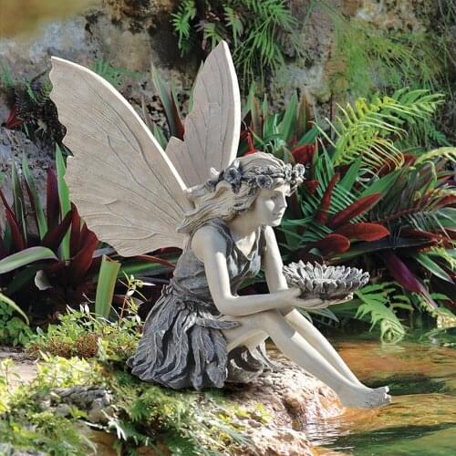 Flower Fairy Statue Sitting Art Sculpture Figurines Garden Ornament Angel Wings Resin Craft Landscaping Home Decoration Outdoor