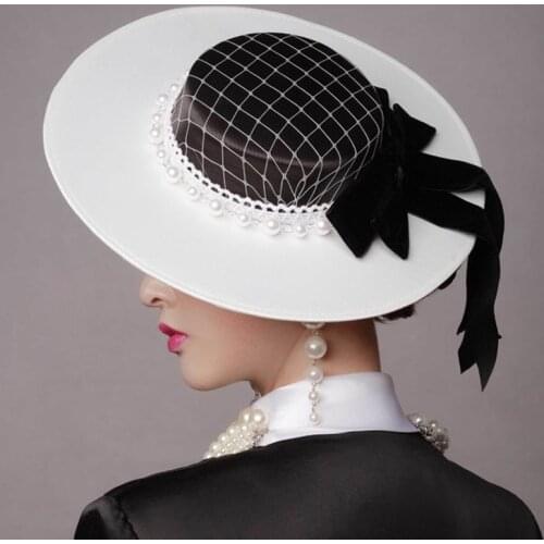 Vintage Wedding Hats Pearls Women Net Bridal Hats White Black Wedding Accessorie Brides Fascinator Sinamay Wedding Birdcage Veil