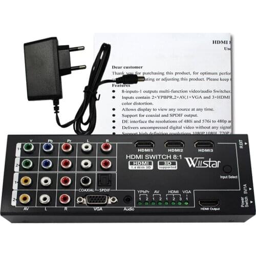 Wiistar Multi-functional HDMI Converter Switch 8 Input to HDMI+COAXIAL+SPDIF Output Support 3D and Surround Sound for 1080P HDTV
