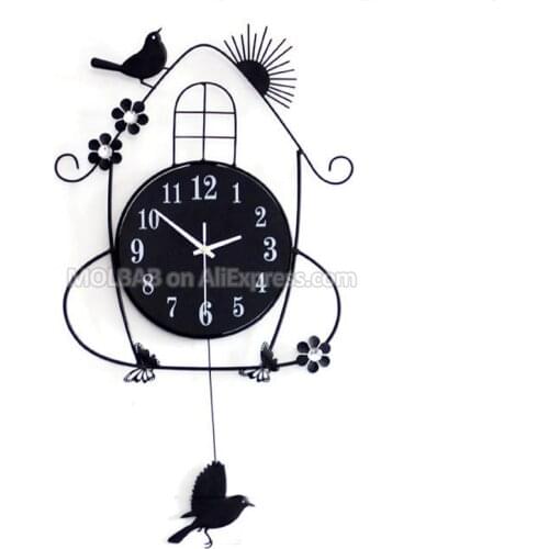 Iron Art Pendulum Wall Clock Wooden Dial Quartz Timepiece Crafts Pastoral Style Ornaments House Birds Horologe Home Decoration