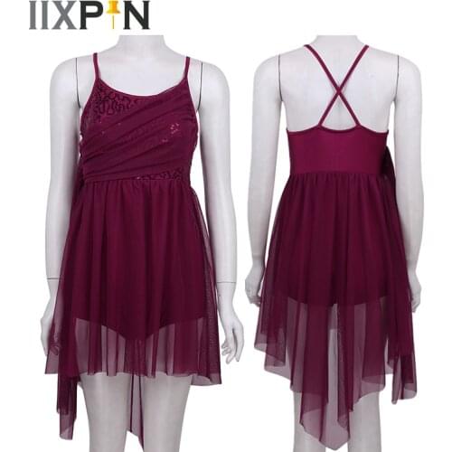 Women Ballet Dress Adult Ballet Sequined Leotard Spaghetti Strap Sleeveless Asymmetric Mesh Criss Cross Back Ballet Dance Dress