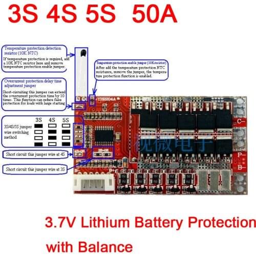 3S 4S 5S 50A 12V 16.8V 21V PCM BMS 18650 lithium Li-ion battery protection board w/ Balance CELLS for LiPO Polymer