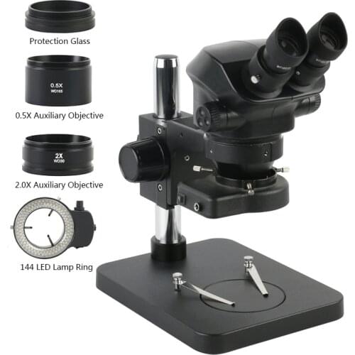 7X-50X Continuous Zoom Binocular Stereo Microscope WF10X/22MM Eyepieces Lens 144 LED Light Industrial PCB Soldering Microscopio