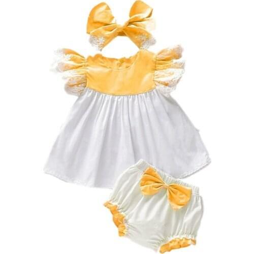 Kids Baby Girl Lace Ruffled Sleeve Dress Top Bowknot Shorts Bottoms Summer Clothes Set