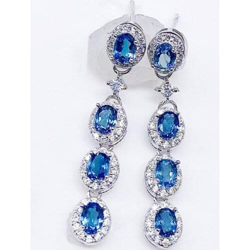 Natural real blue topaz long drop earring Per jewelry 3*4mm 0.35ct*8pcs gemstone 925 sterling silver Fine jewelry X218358