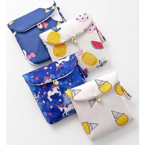 Sanitary Pad Bag Cute Cartoon Cotton Fabric Large Capacity Women Napkin Sanitary Storage Bag Pouch Tampon Makeup Organizer