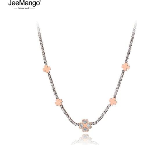 JeeMango Sparkling Stainless Steel CZ Crystal Plant Flower Choker Necklaces For Women Trendy Full Rhinestone Necklace JN19189