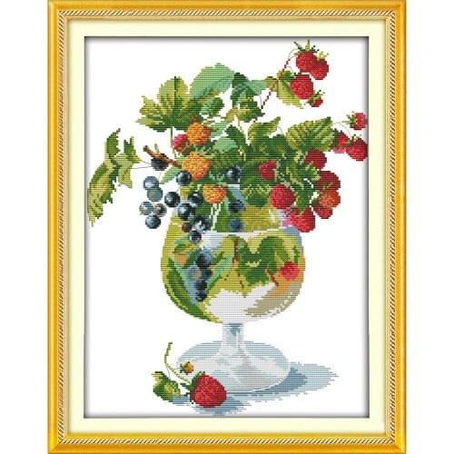 Joy Sunday Strawberry And Wine Glass Chinese Cross Stitch Kits Ecological Cotton Printed 11CT DIY Wedding Decoration For Home