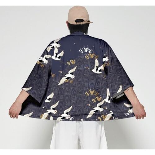 Kimono Cardigan Japanese Style Men Samurai Haori Clothing Crane Printed Traditional Vintage Yukata Asian Clothes Women