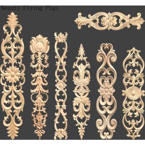 Dropshipping classic wood carving decals solid wood long flower piece furniture decoration carved door background wall patch