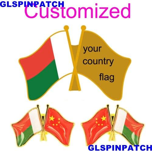 Madagascar Crossed Friendship Flag Double Country lapel pin Brooch USA UK France Chile Russia Saudi Arabia Japan Spain Badge