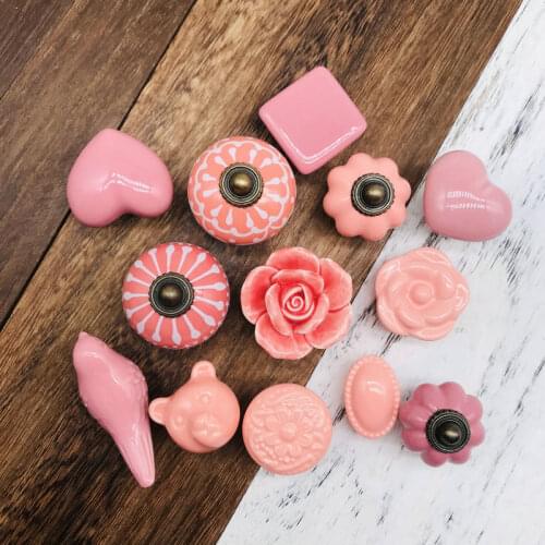 Pack of 1 Assorted Decorative Pink Knobs Pigeon Bear Heart Floral Relief Design Handles Ceramic Cabinet Pulls Mix Vintage Combo