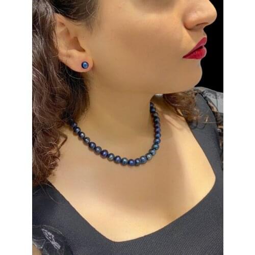 MaGümüş Black Pearl 9 mm Necklace Earring Set 925 Silver