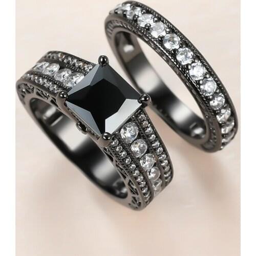 Hip Hop Male Female Crystal Stone Ring Set Luxury 14KT Black Gold Wedding Rings For Women Charm Square Zircon Engagement Ring