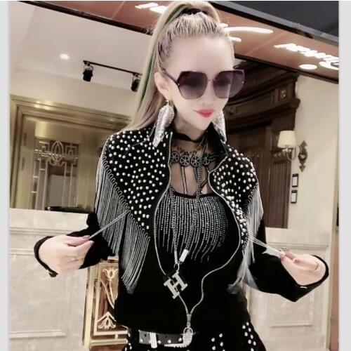 New Tassel Black Denim Jacket Women Jeans Coat 2021 Spring Fashion Rivet Jackets Female Short Slim Outerwear