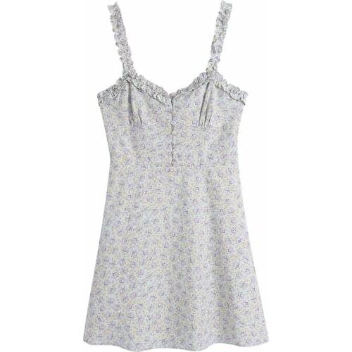 Summer Women Vintage floral Mini Sling Dress Elegant beach Strap v neck Camisole Vestidos sexy backless A-Line Tank Top Dresses