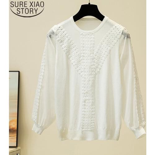 Casual Knitted Blouse Women Lace Shirt Spring Autumn 2021 Fashion Loose Lantern Long Sleeve Knitwear Ladies Tops Blusas 11729