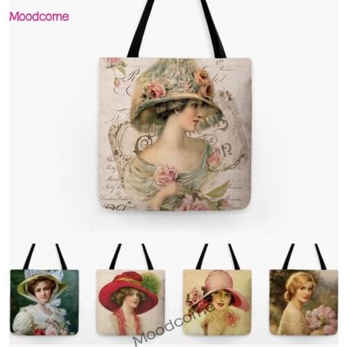 Luxury European Elegant Lady Hand Drawn Art Victorian Era Stylish Water Resistant Large Shoulder Carry Bag Decorative Tote Bag