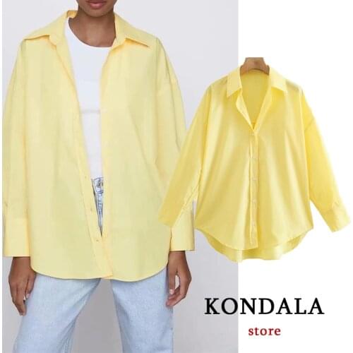 KONDALA Women Spring Shirts Za Chic Solid Oversized Button Long Shirts Fashion 2021 V Neck Mujer Tops Casual Blouses