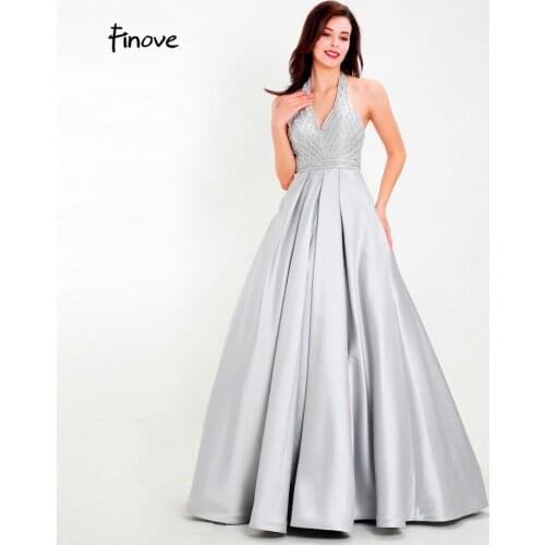 Finove Chic Homecoming Dress Long 2020 Reflective Dress Prom Style Sexy Halter A Line Backless Full Beading Satin Woman Clothing