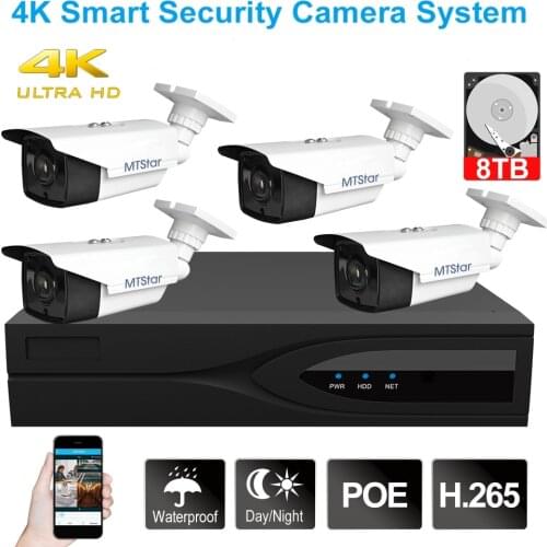 MTStar 4K IP PoE Camera Security System (4pcs 8MP IP PoE Camera + 1pcs 4K Face Detection PoE NVR) Video Surveillance System Kit
