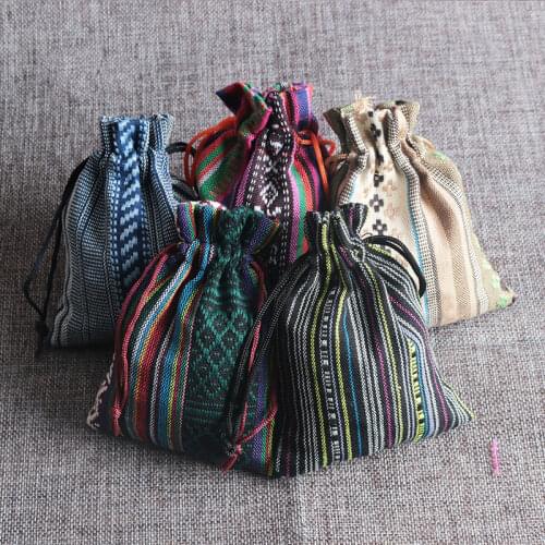 New 50pcs/lot Ethnic wind cotton bags 9x13cm Colorful Stripe Candy Gifts Jewelry Packaging Bags Cute Cotton Drawstring Gift Bag