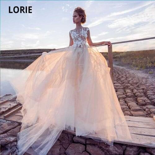 LORIE Boho Wedding Dresses O-Neck Appliques Lace Tulle Flowers Simple White Ivory Beach Bride Gowns 2021 suknia ślubna
