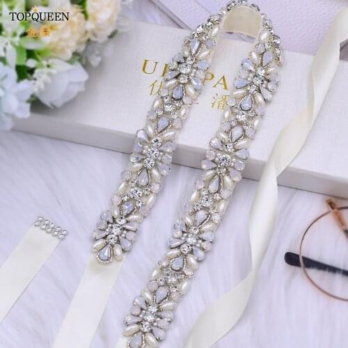 TOPQUEEN S450 Opal Bridal Belt Pearl Rhinestone Wedding Belt Jeweled Belt Bridal Wedding Accessories Beaded Silver Wedding Belt