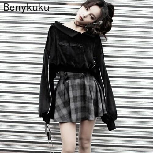 Letter Striped Embroidery Velvet Crop Sweatshirt 2020 Autumn Girl Long Sleeve Turn Down Collar Women Black Gothic Punk Pullovers