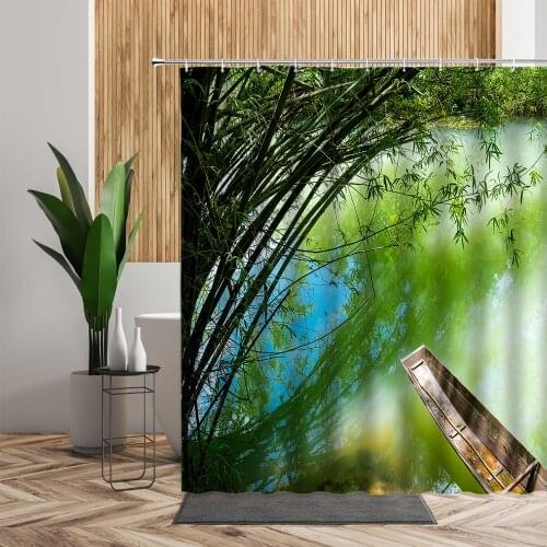 Green Bamboo Shower Curtains Chinese Natural Scenery Wooden Boat Bathroom Decor Bath Polyester Partition Living Room Curtain Set